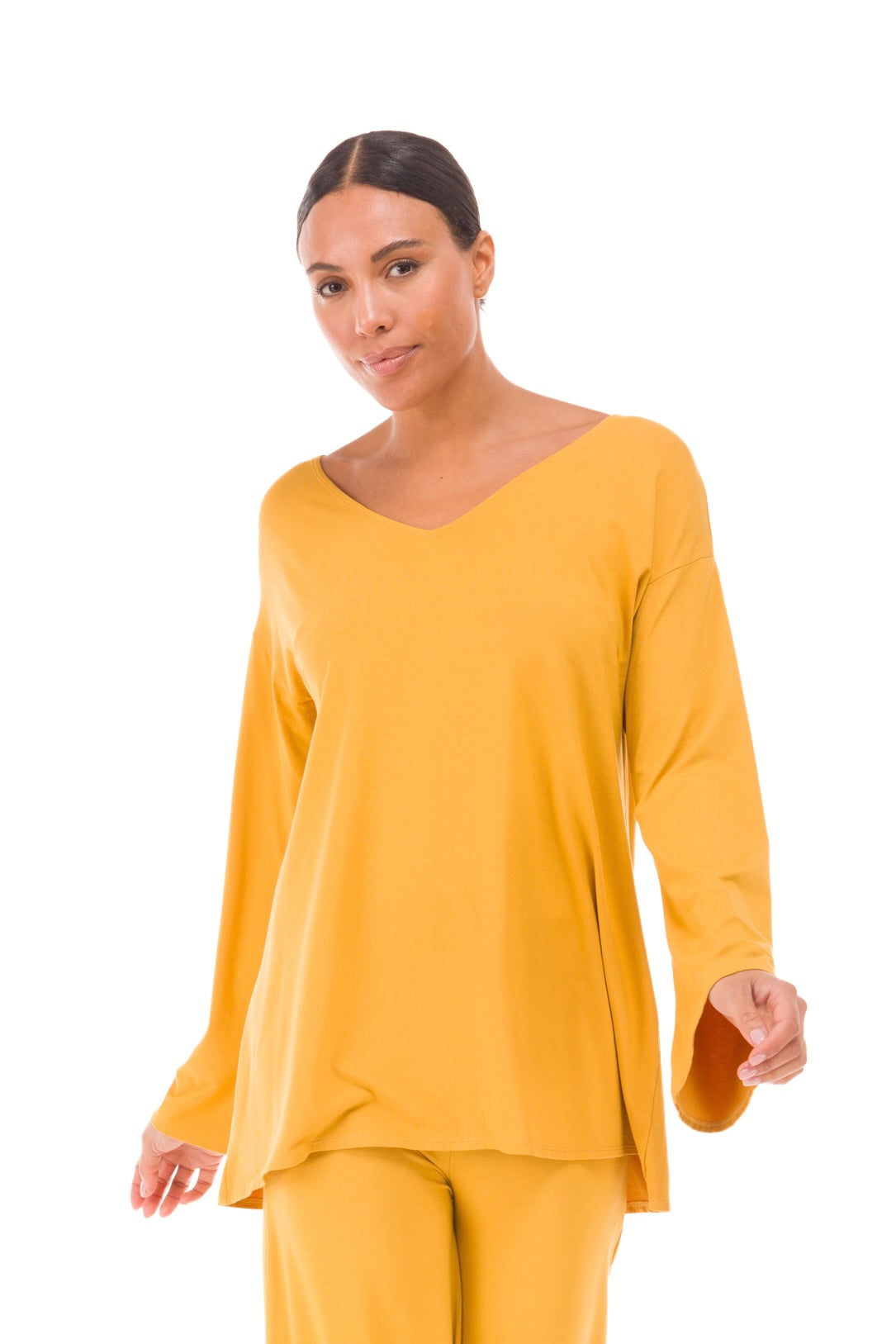 BAMBOO FLUTED V-NECK TOP TIBETAN YELLOW