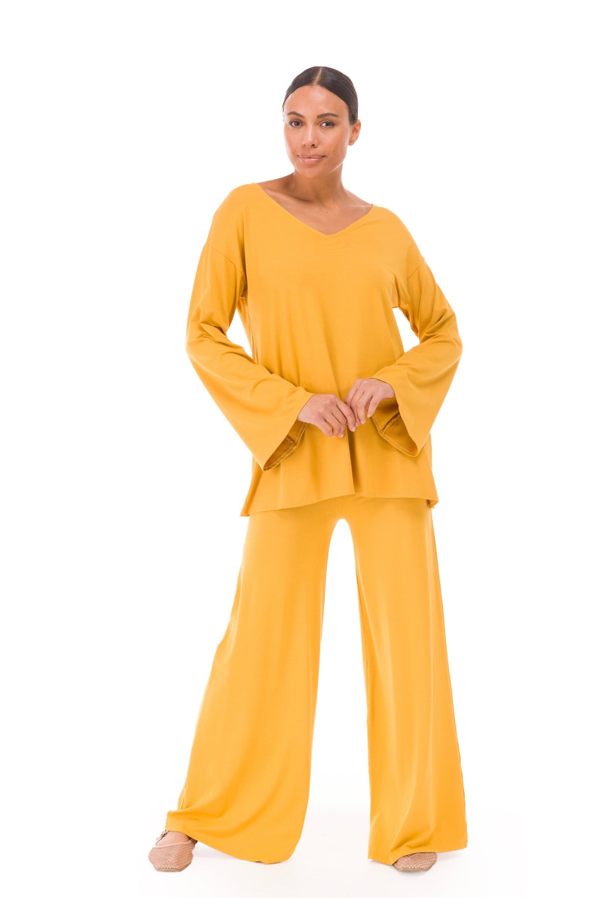 BAMBOO FLUTED V-NECK TOP TIBETAN YELLOW