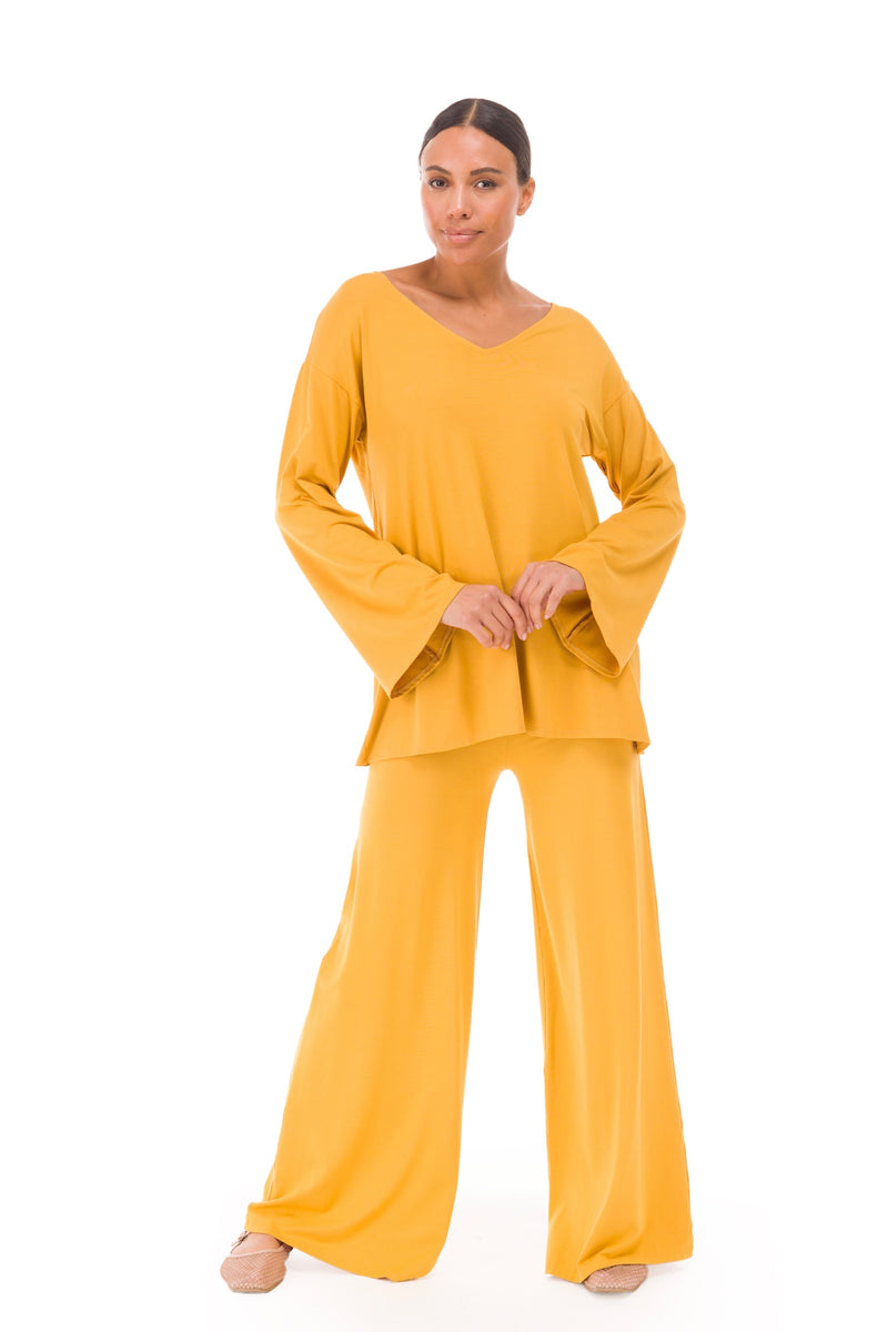 BAMBOO FLUTED V-NECK TOP TIBETAN YELLOW