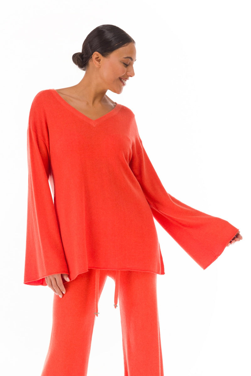 100% CASHMERE FLUTED V-NECK JUMPER ORANGE