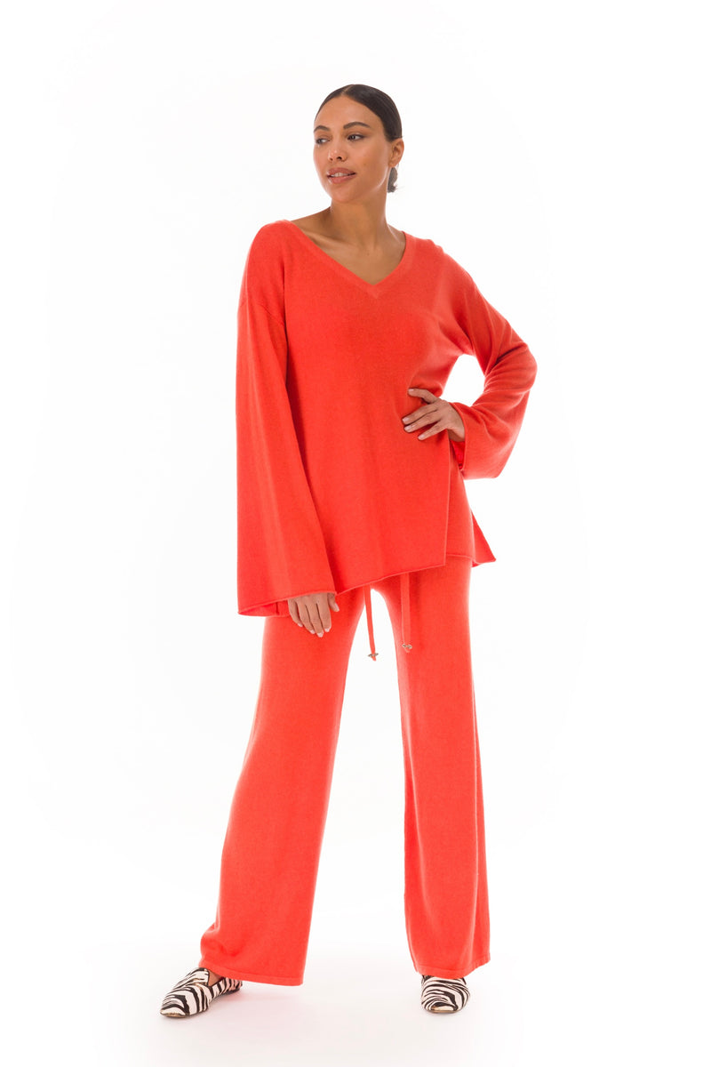100% CASHMERE FLUTED V-NECK JUMPER ORANGE