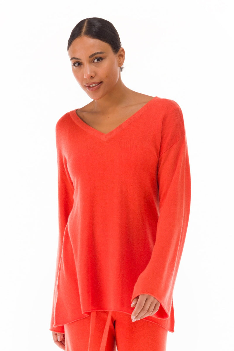 100% CASHMERE FLUTED V-NECK JUMPER ORANGE