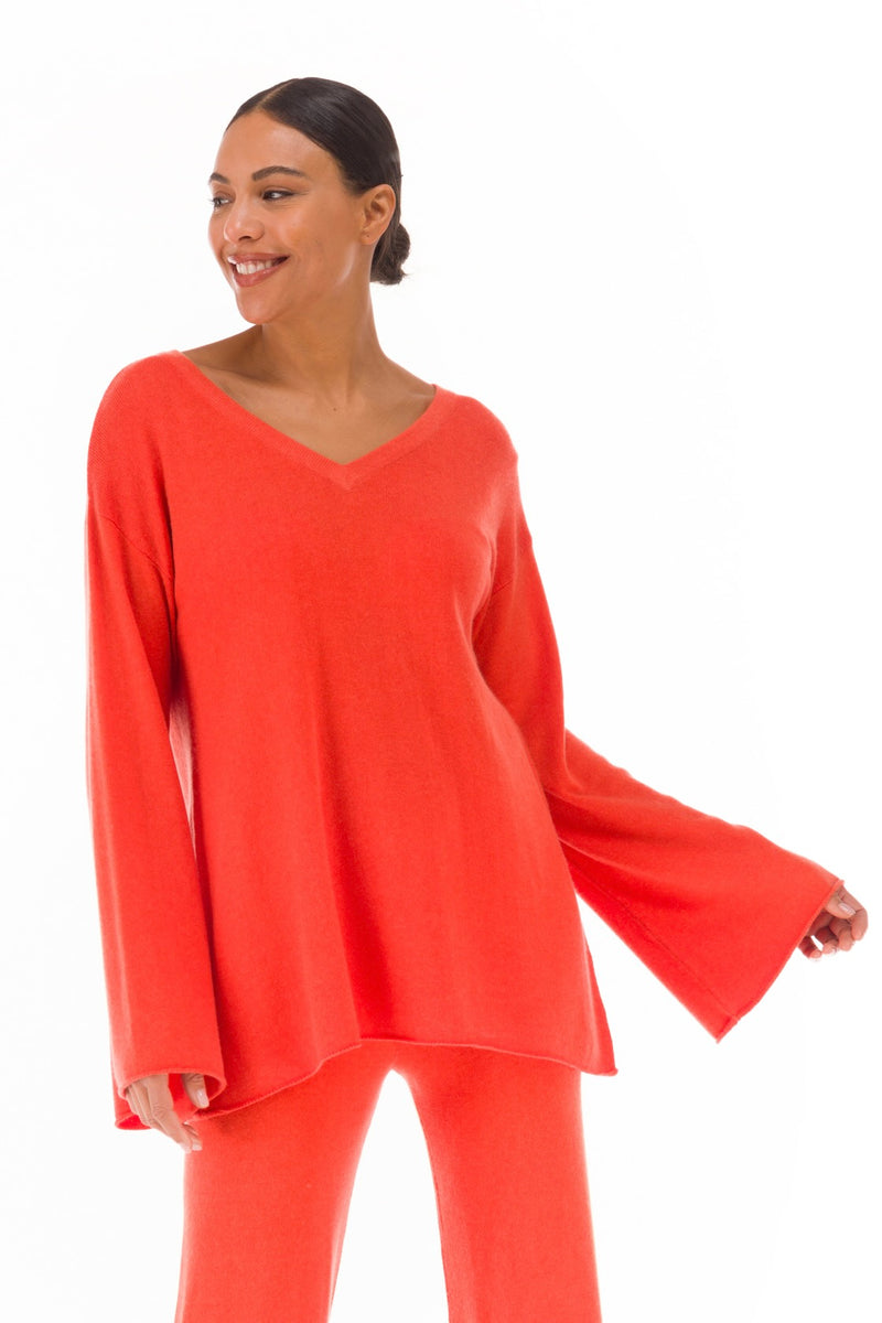 100% CASHMERE FLUTED V-NECK JUMPER ORANGE