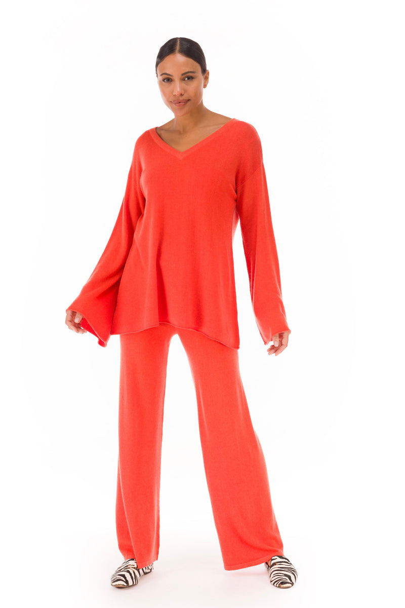 100% CASHMERE FLUTED V-NECK JUMPER ORANGE