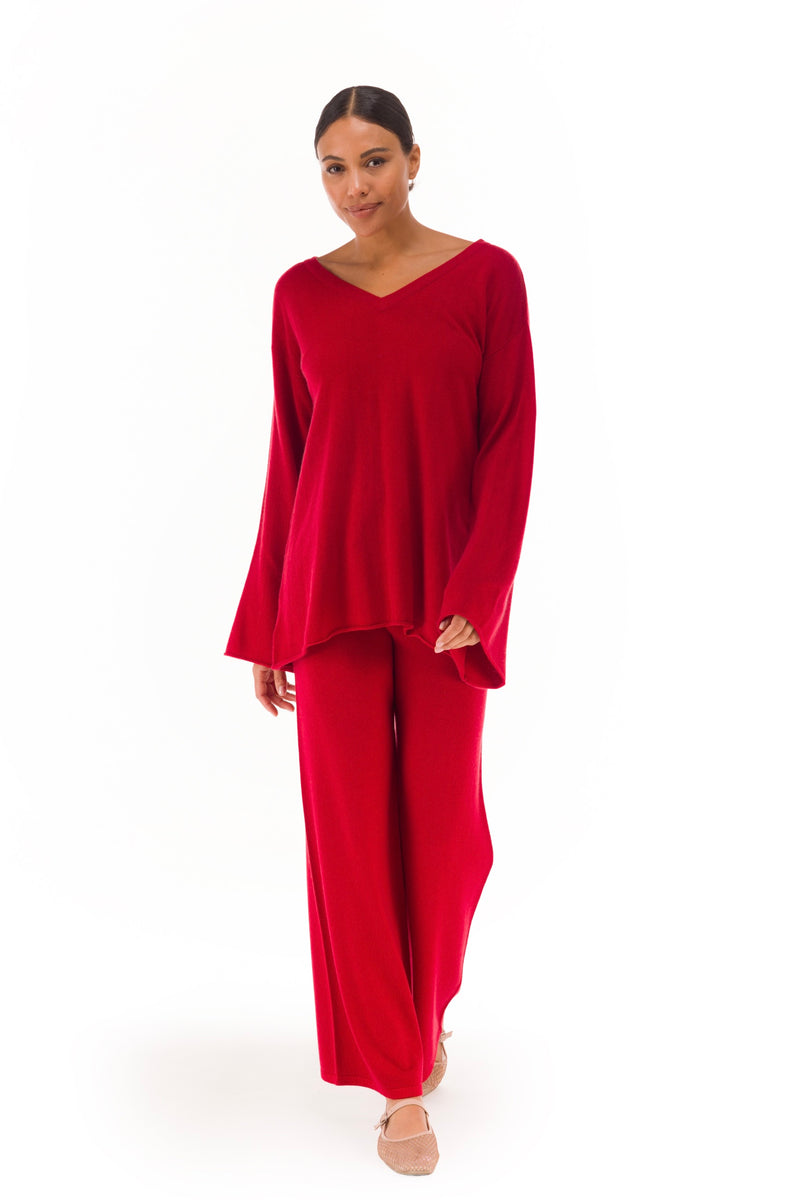 100% CASHMERE FLUTED V-NECK JUMPER CLARET