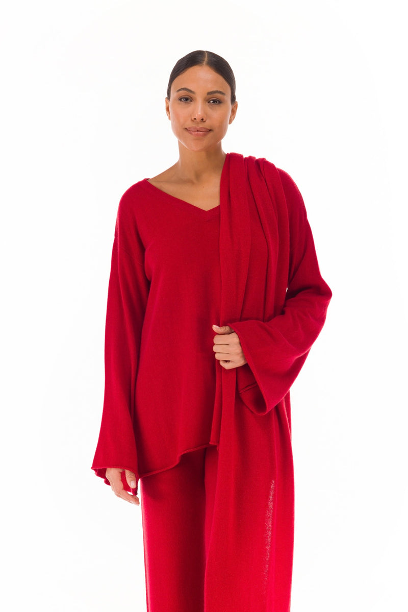 100% CASHMERE FLUTED V-NECK JUMPER CLARET