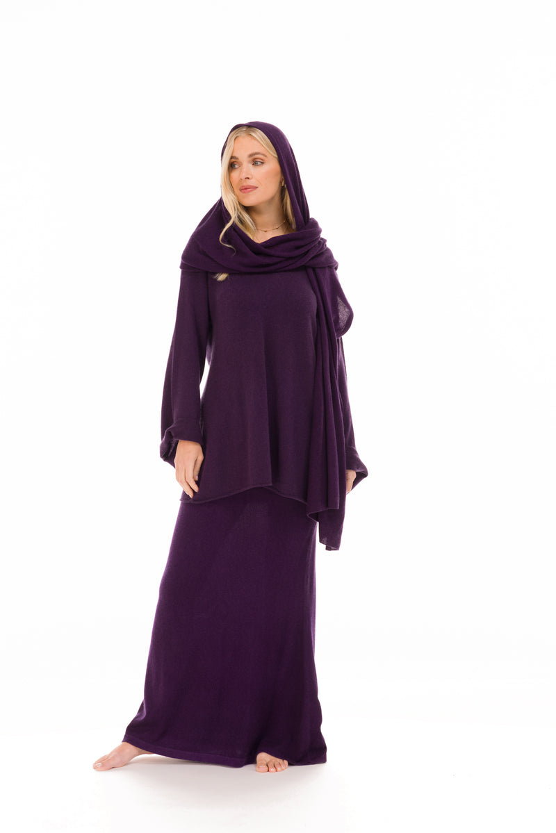 100% CASHMERE FLUTED V-NECK JUMPER AUBERGINE
