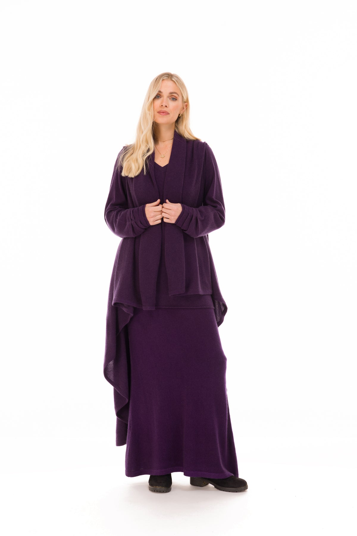 NEW 100% MONGOLIAN CASHMERE WATERFALL JACKET AUBERGINE