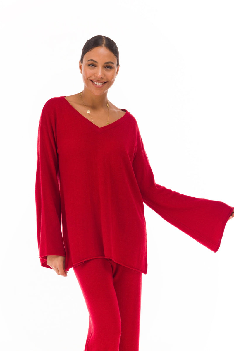 100% CASHMERE FLUTED V-NECK JUMPER CLARET