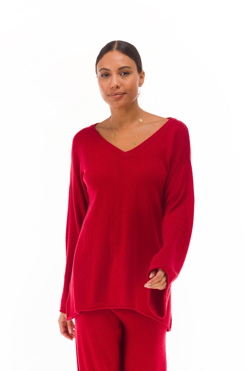 100% CASHMERE FLUTED V-NECK JUMPER CLARET
