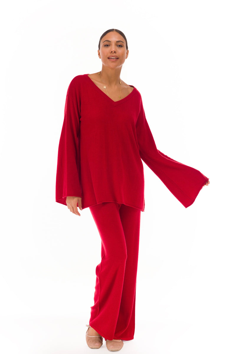 100% CASHMERE FLUTED V-NECK JUMPER CLARET