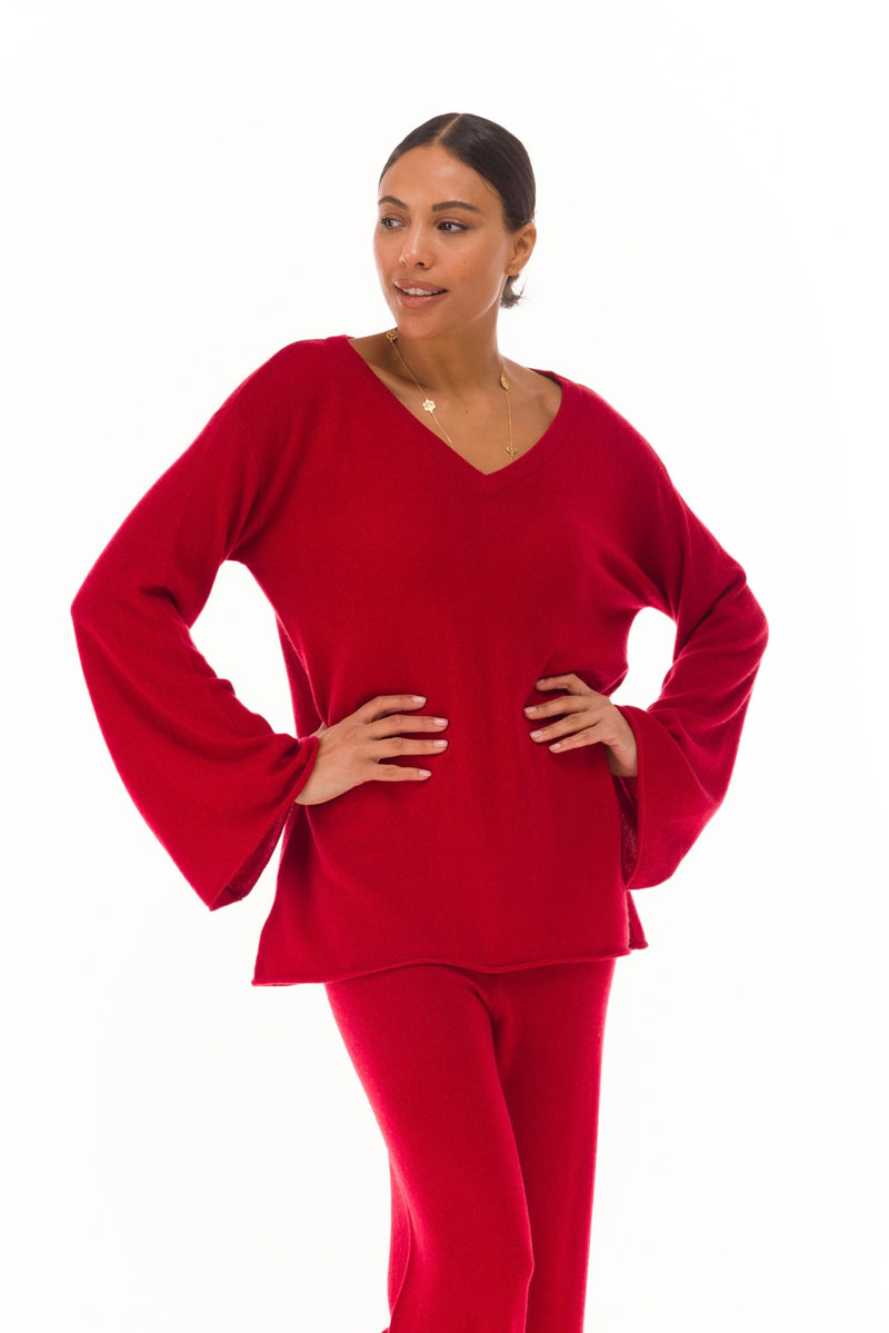100% CASHMERE FLUTED V-NECK JUMPER CLARET