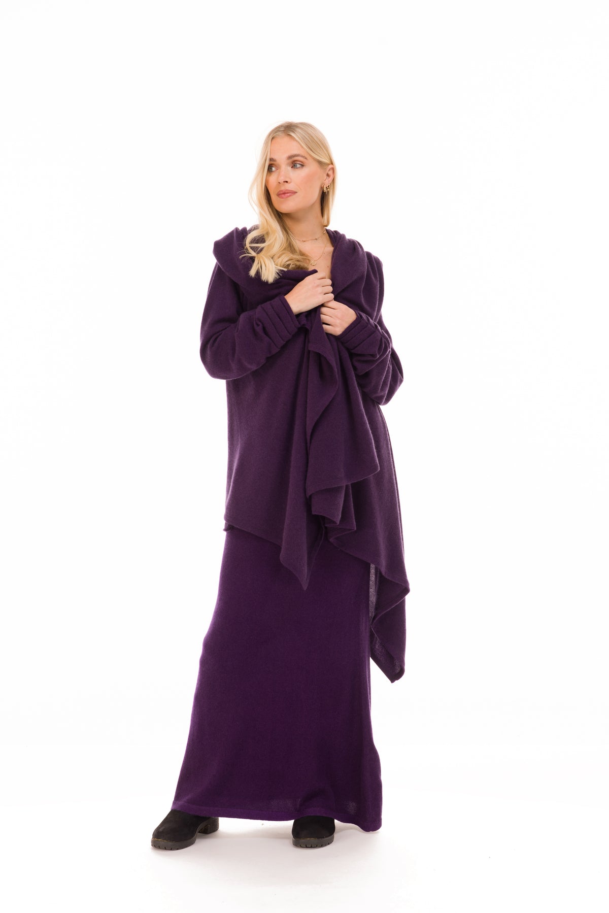 NEW 100% MONGOLIAN CASHMERE WATERFALL JACKET AUBERGINE