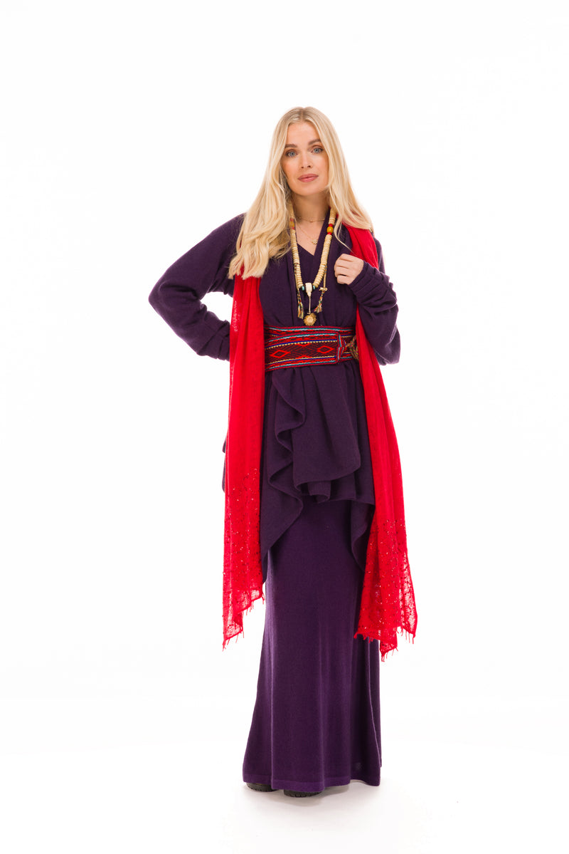 100% CASHMERE FLUTED V-NECK JUMPER AUBERGINE