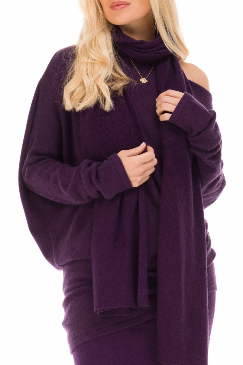 100% CASHMERE KNITTED SCARF AUBERGINE