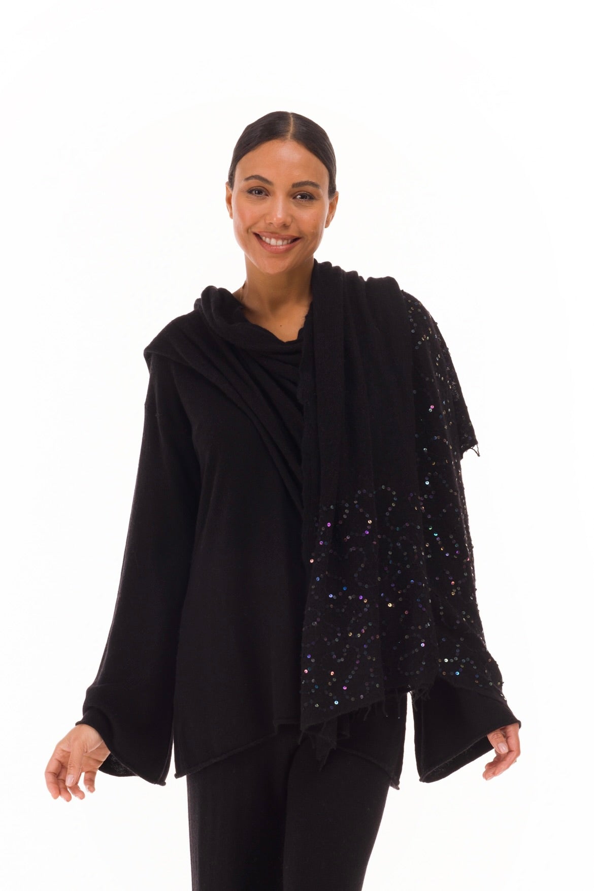 100% CASHMERE FELTED SCARF WITH SEQUINS BLACK