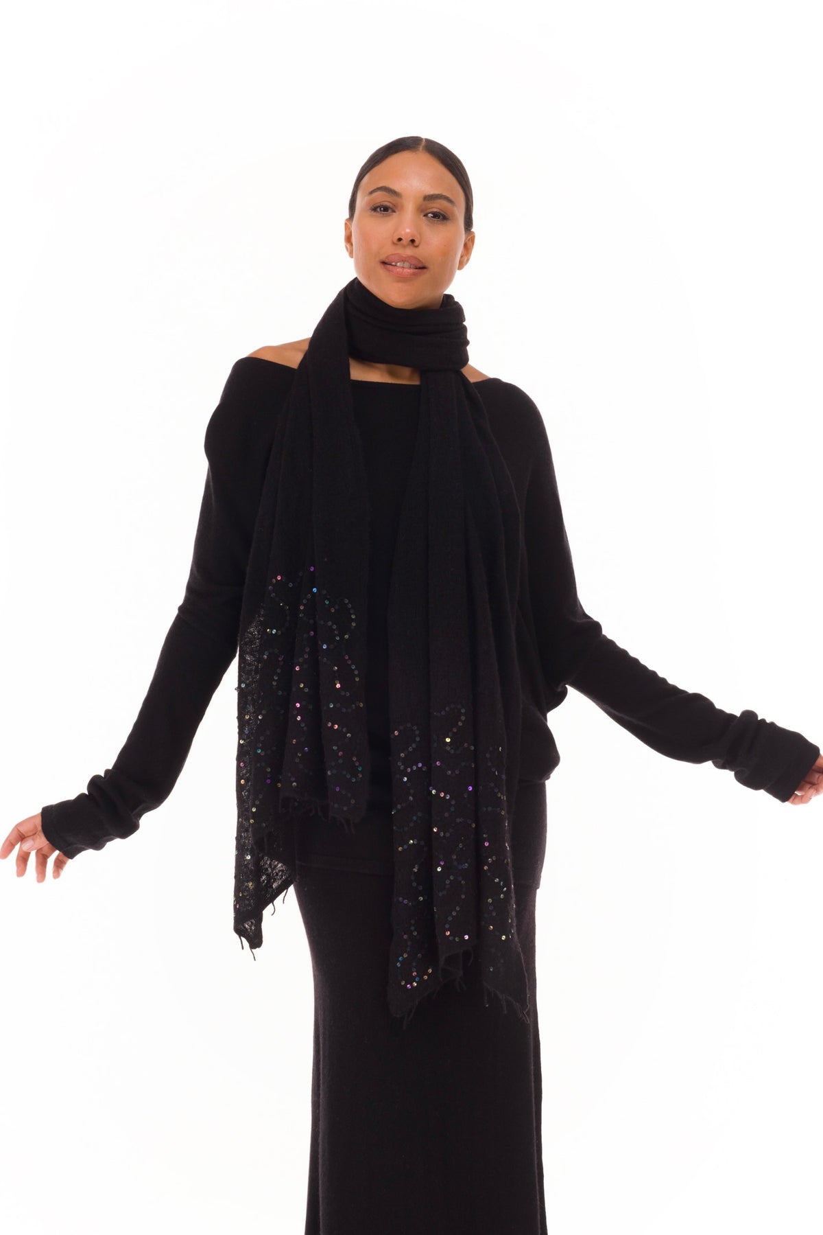 100% CASHMERE FELTED SCARF WITH SEQUINS BLACK