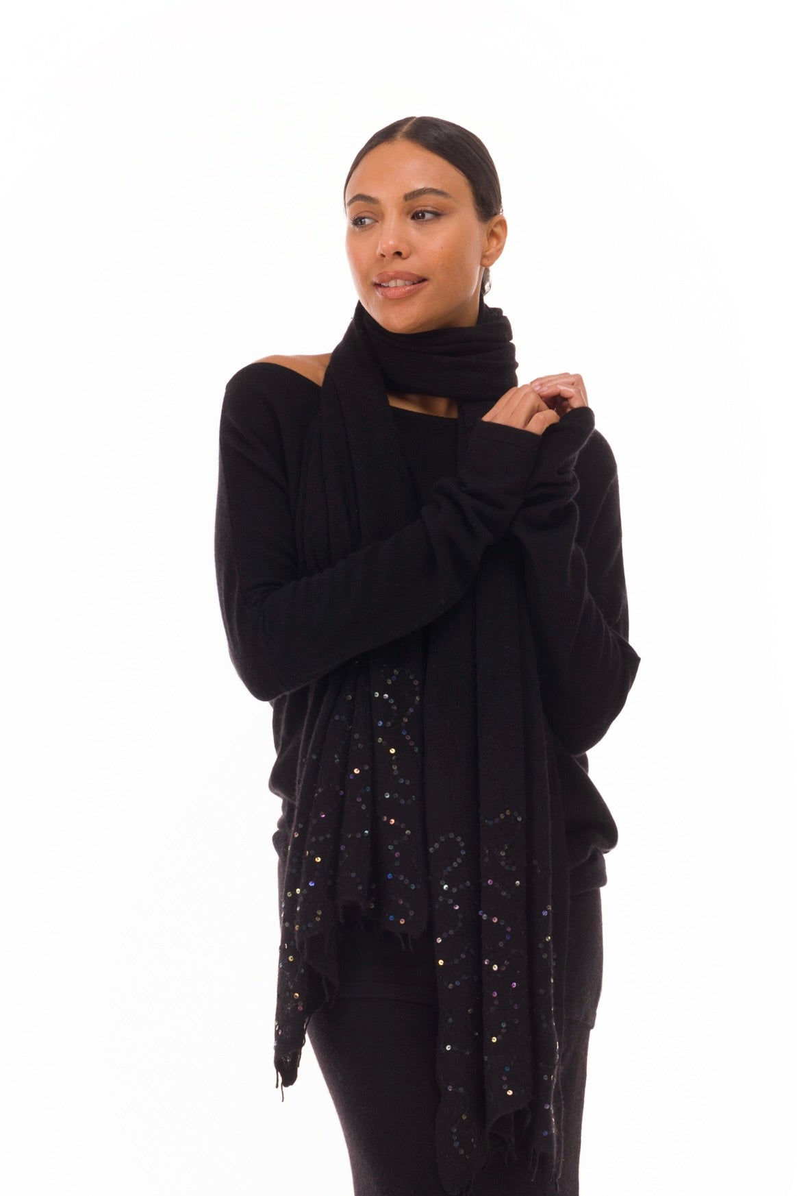 100% CASHMERE FELTED SCARF WITH SEQUINS BLACK
