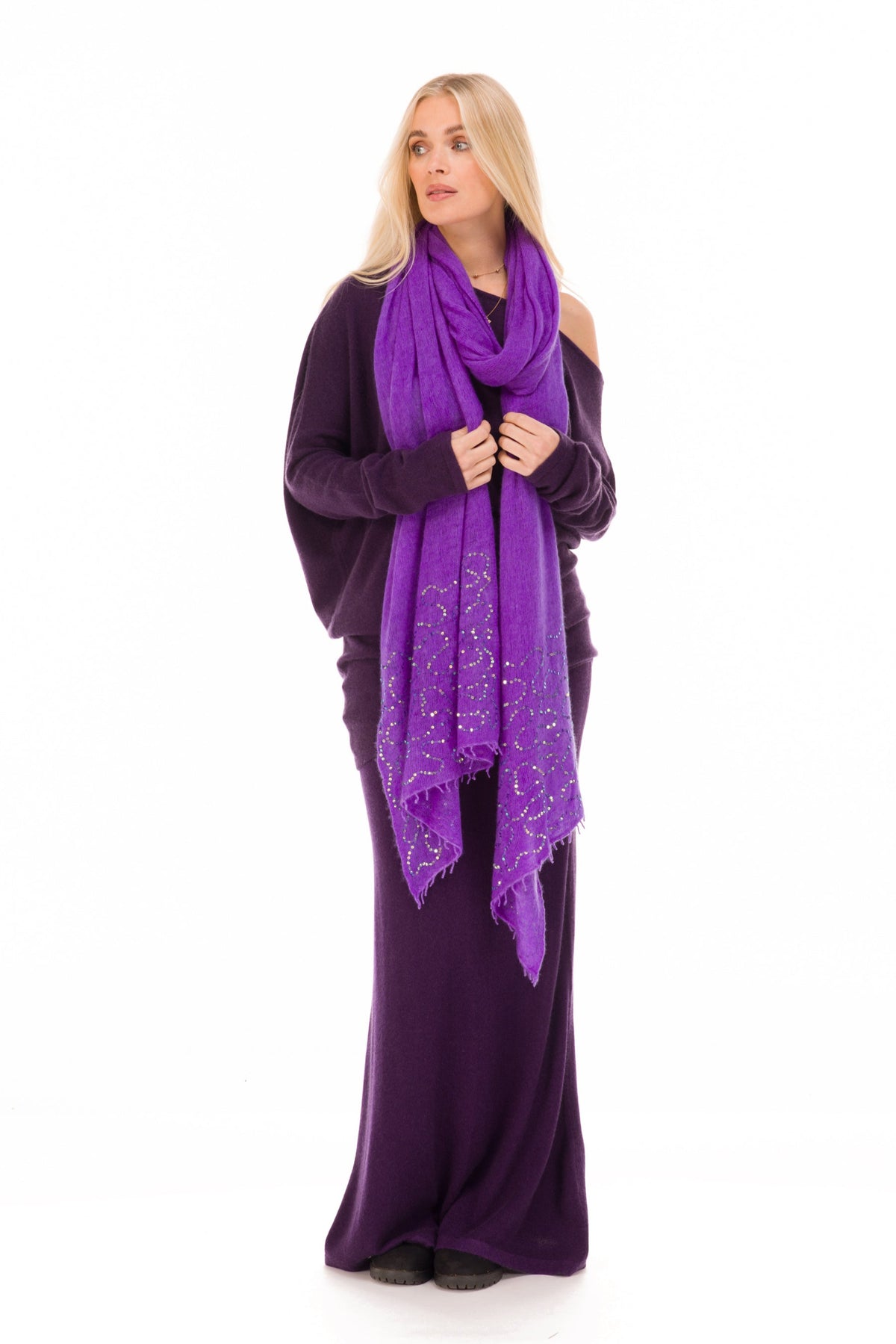 100% CASHMERE FELTED SCARF WITH SEQUINS PURPLE