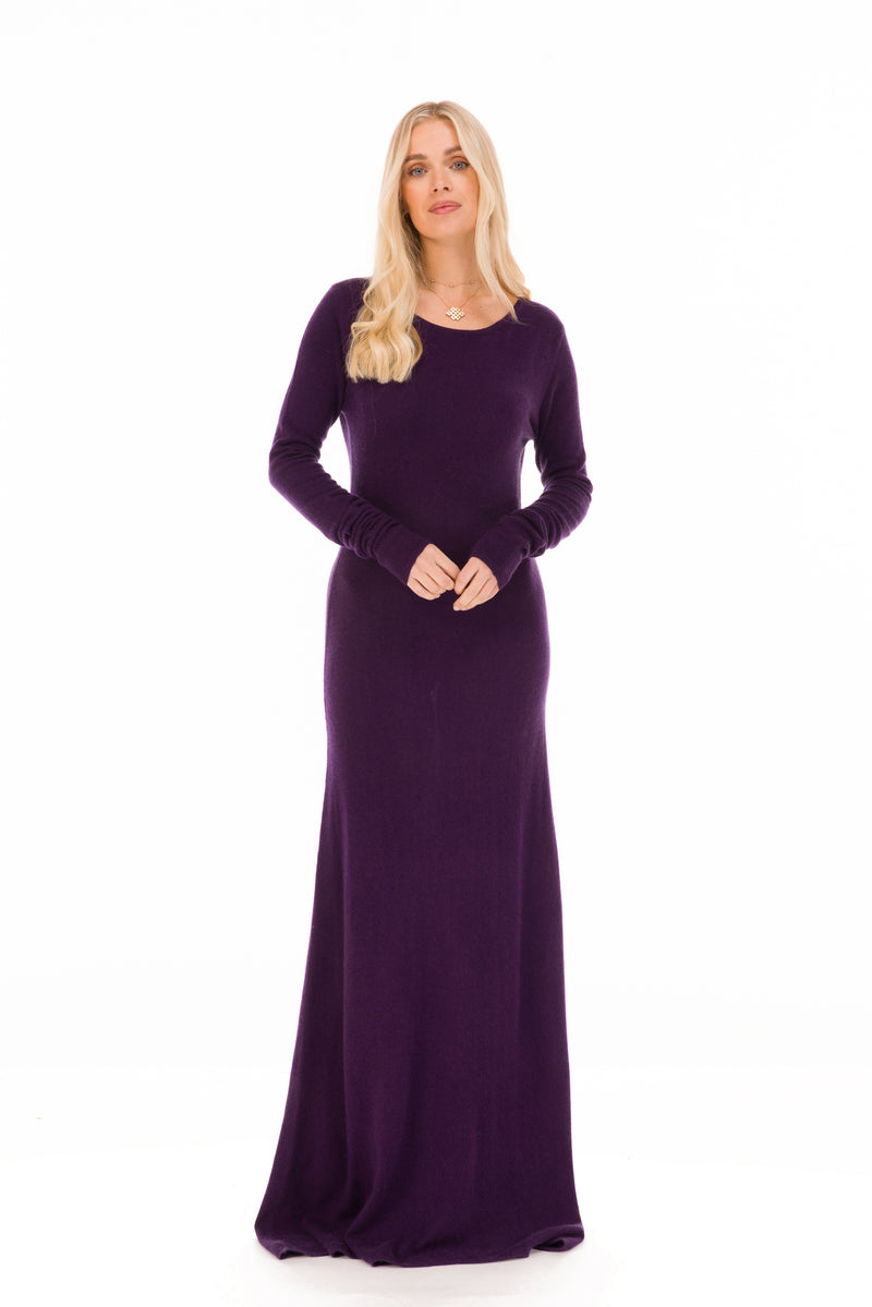 100% CASHMERE MAXI FITTED DRESS AUBERGINE