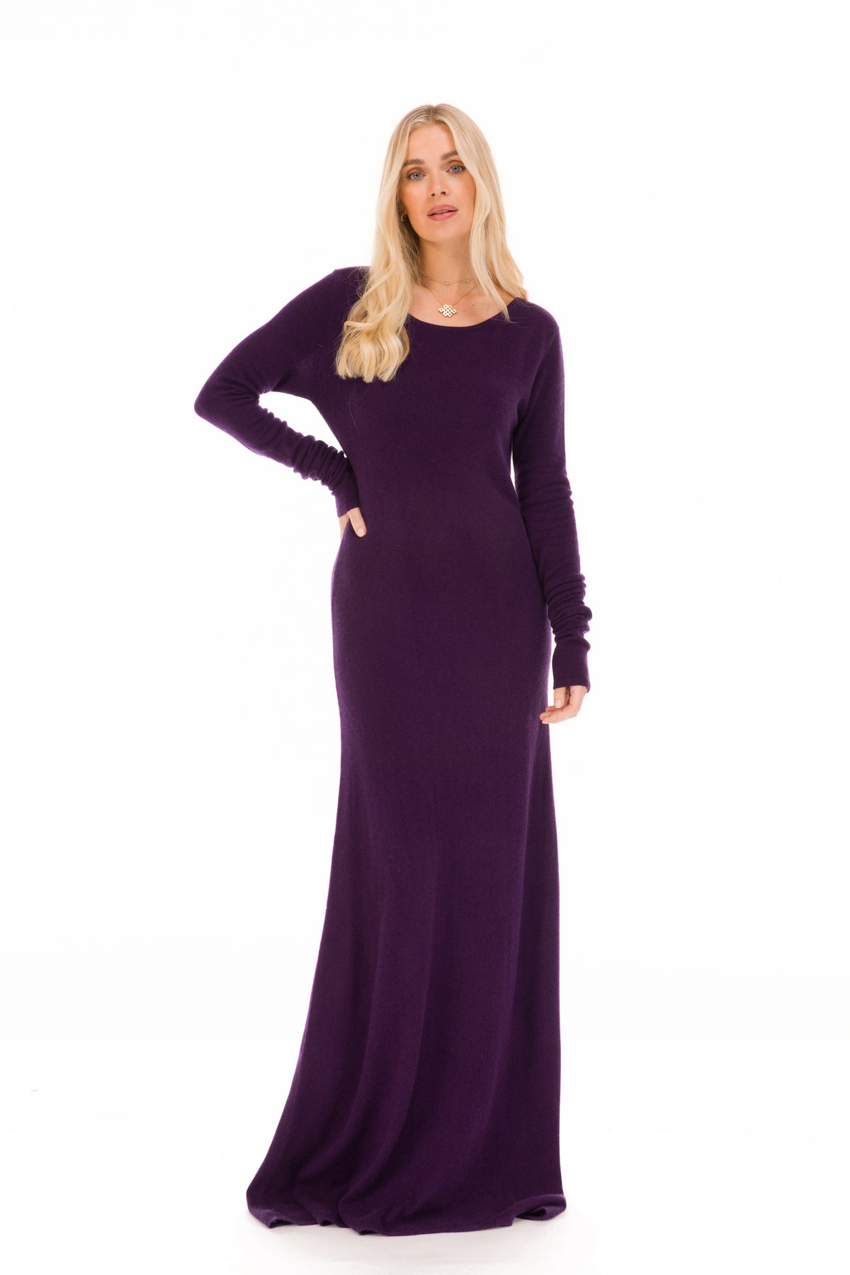 100% CASHMERE MAXI FITTED DRESS AUBERGINE