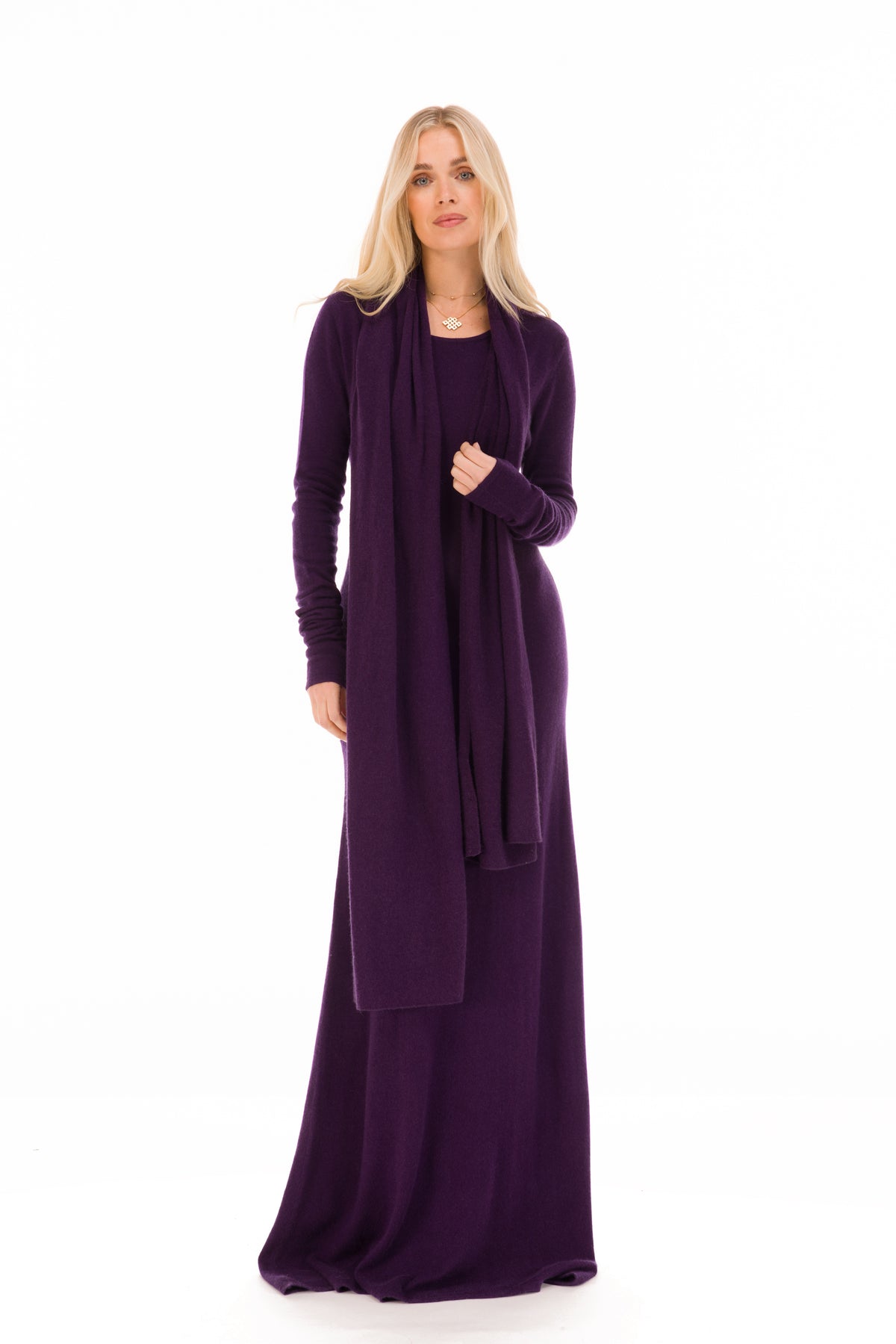 100% CASHMERE MAXI FITTED DRESS AUBERGINE
