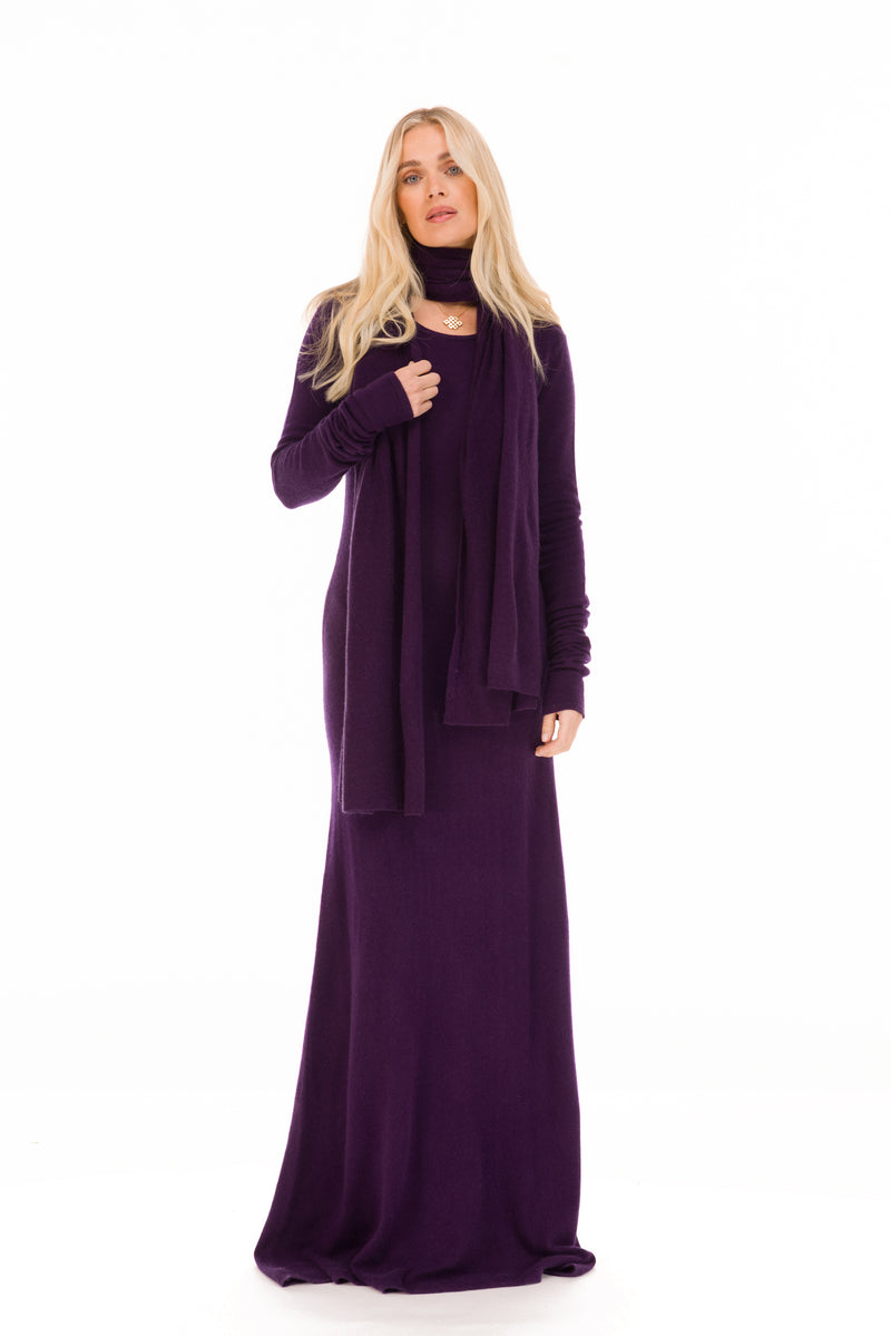 100% CASHMERE MAXI FITTED DRESS AUBERGINE