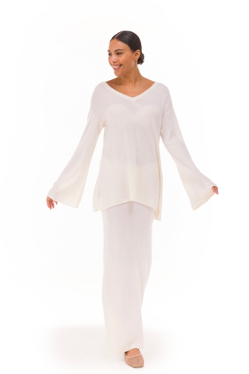 100% CASHMERE FLUTED V-NECK JUMPER WINTER WHITE
