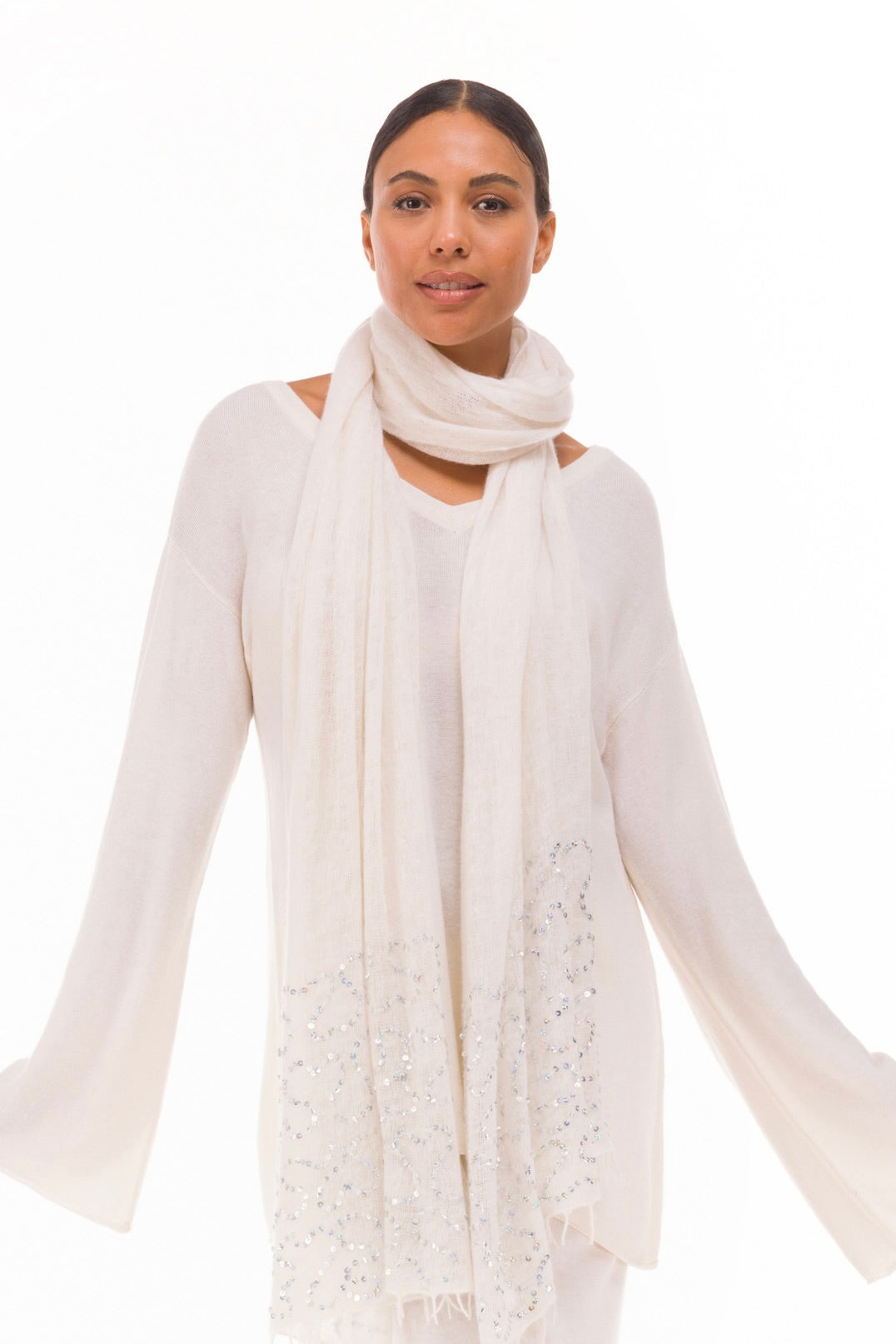 100% CASHMERE FELTED SCARF WITH SEQUINS WINTER WHITE