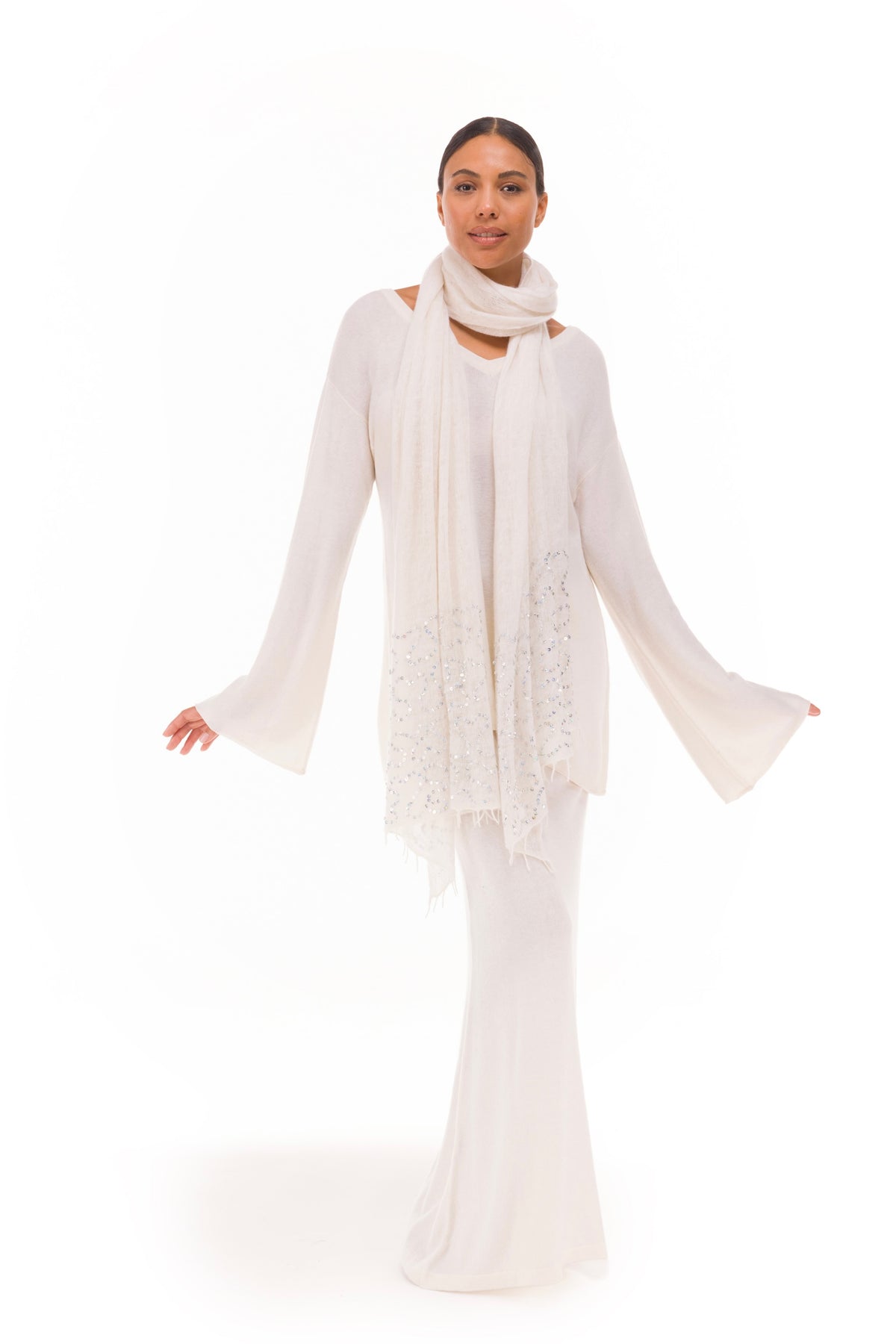 100% CASHMERE FELTED SCARF WITH SEQUINS WINTER WHITE