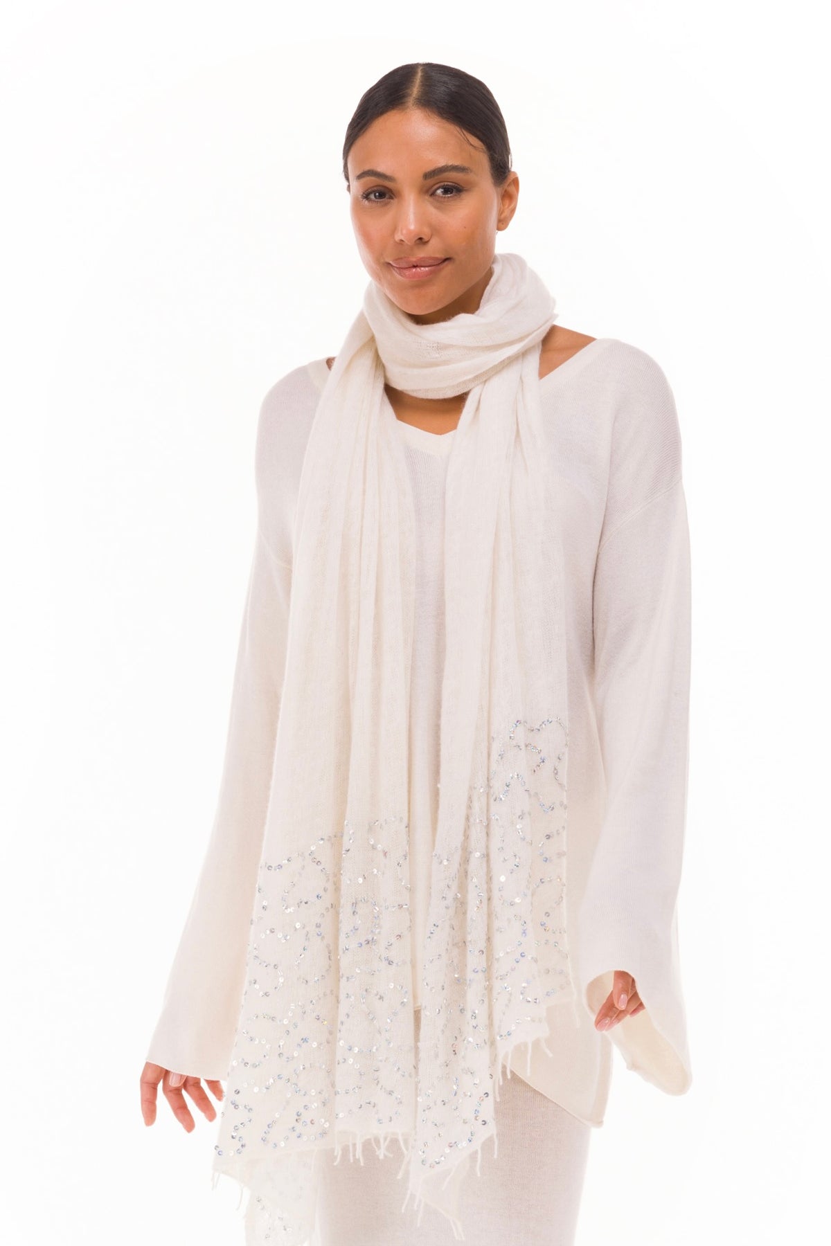 100% CASHMERE FLUTED V-NECK JUMPER WINTER WHITE