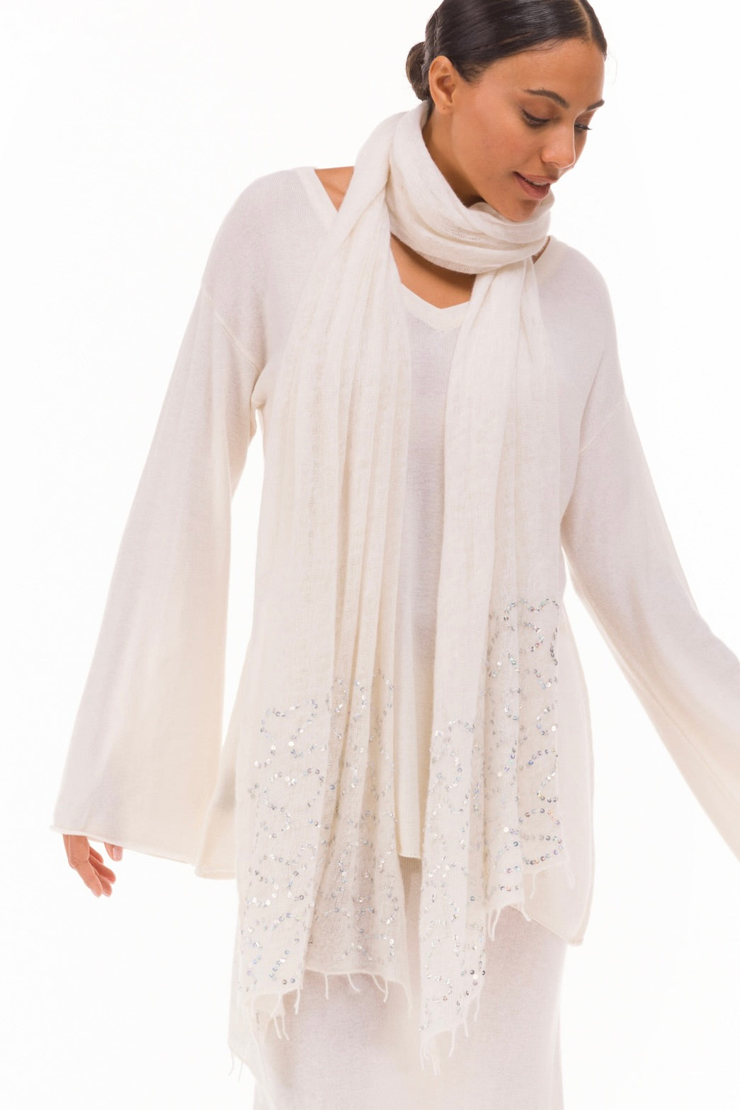 100% CASHMERE FELTED SCARF WITH SEQUINS WINTER WHITE