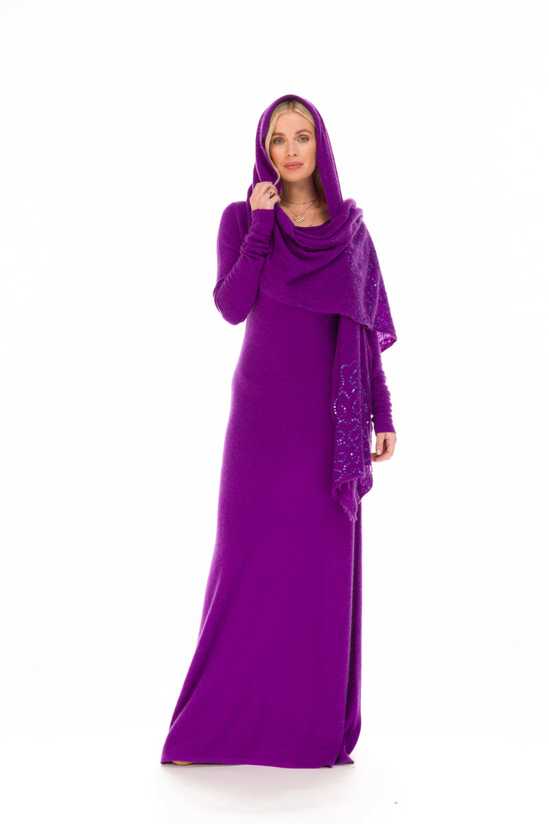 100% CASHMERE MAXI FITTED DRESS PURPLE