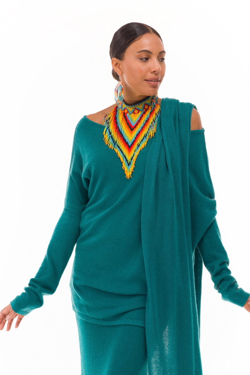 100% CASHMERE KNITTED SCARF PEACOCK