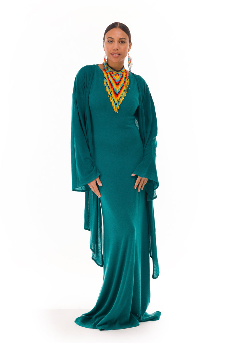 100% CASHMERE ULTRA FINE DRAPED SHRUG PEACOCK