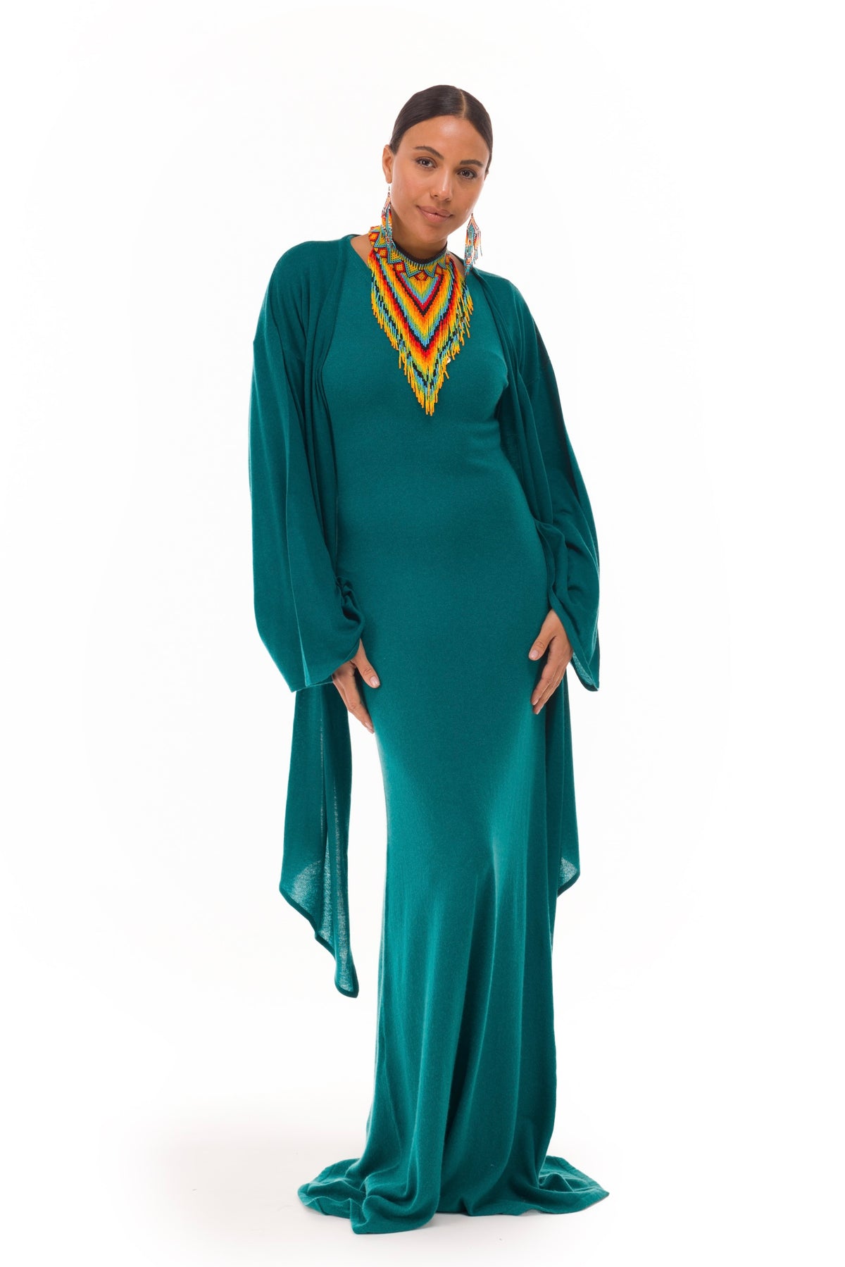 100% CASHMERE MAXI FITTED DRESS PEACOCK