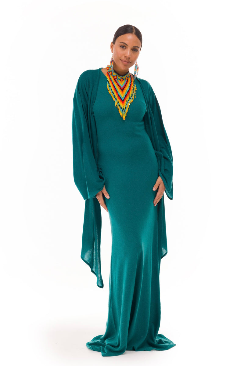 100% CASHMERE MAXI FITTED DRESS PEACOCK