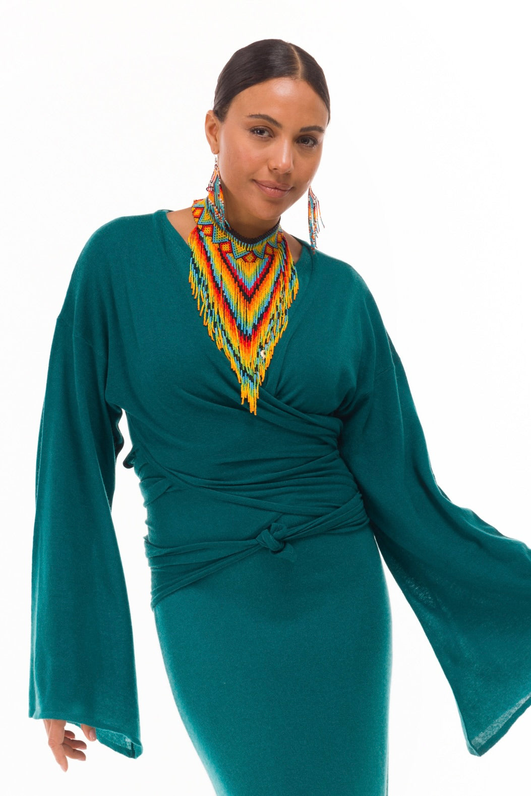 100% CASHMERE ULTRA FINE DRAPED SHRUG PEACOCK