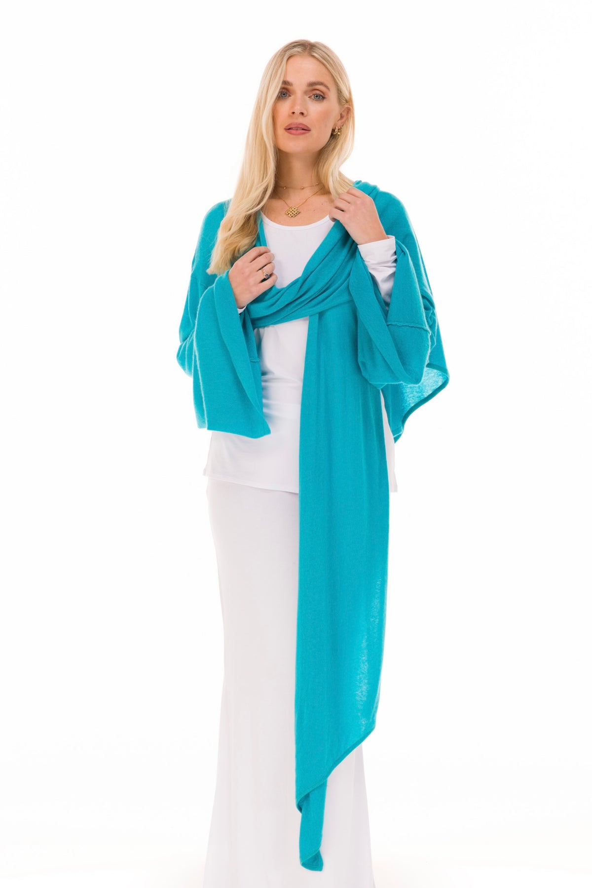 100% CASHMERE ULTRA FINE DRAPED SHRUG TURQUOISE