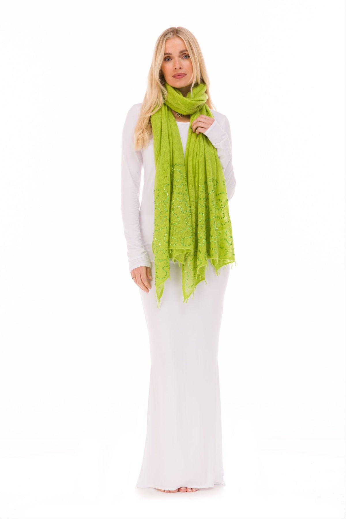 100% CASHMERE FELTED SCARF WITH SEQUINS LIME GREEN