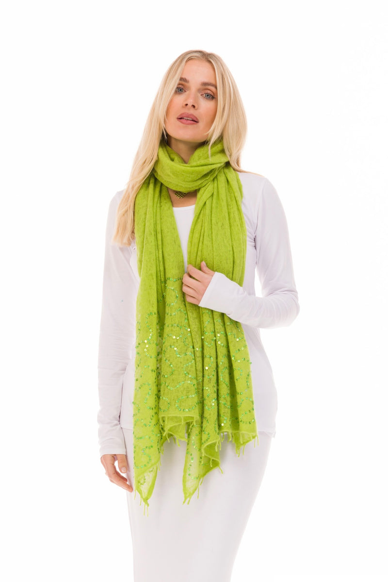 100% CASHMERE FELTED SCARF WITH SEQUINS LIME GREEN