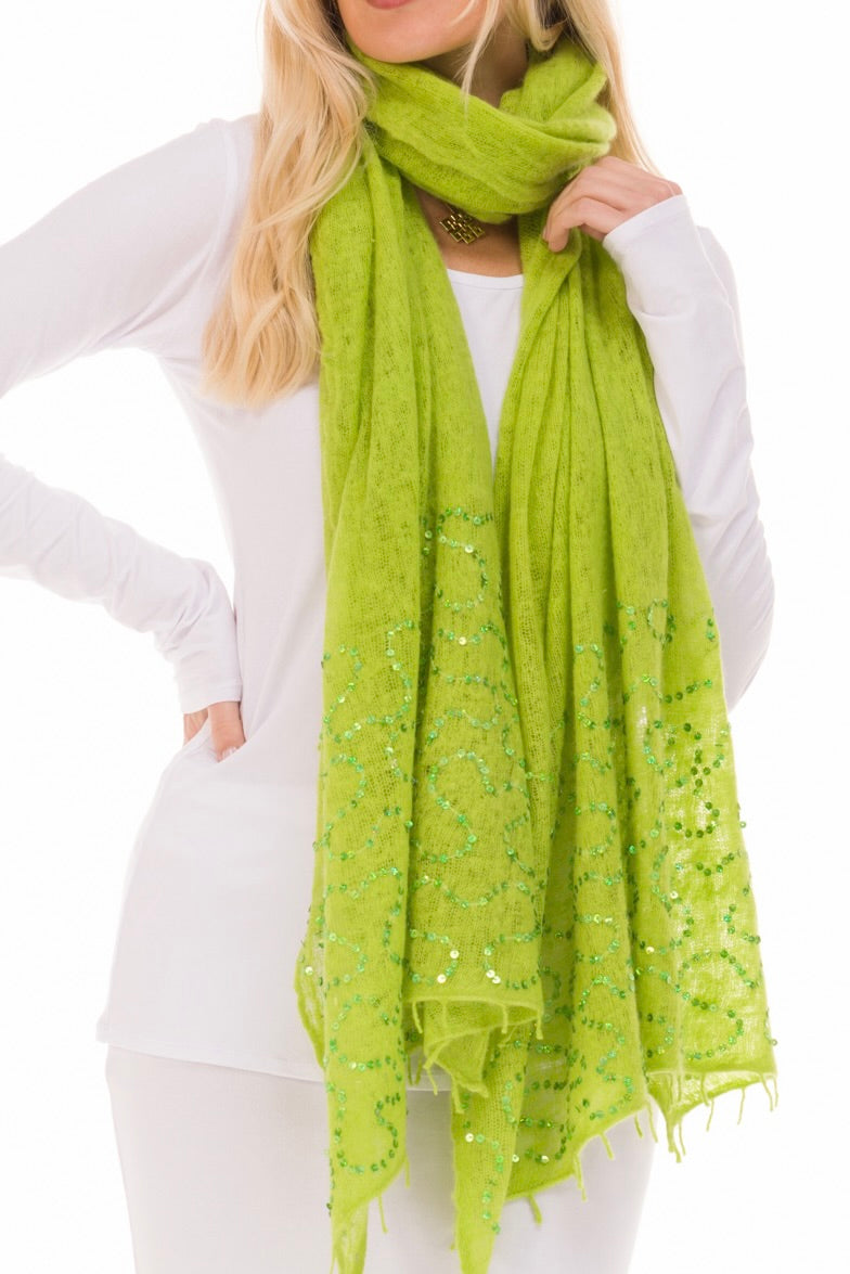 100% CASHMERE FELTED SCARF WITH SEQUINS LIME GREEN