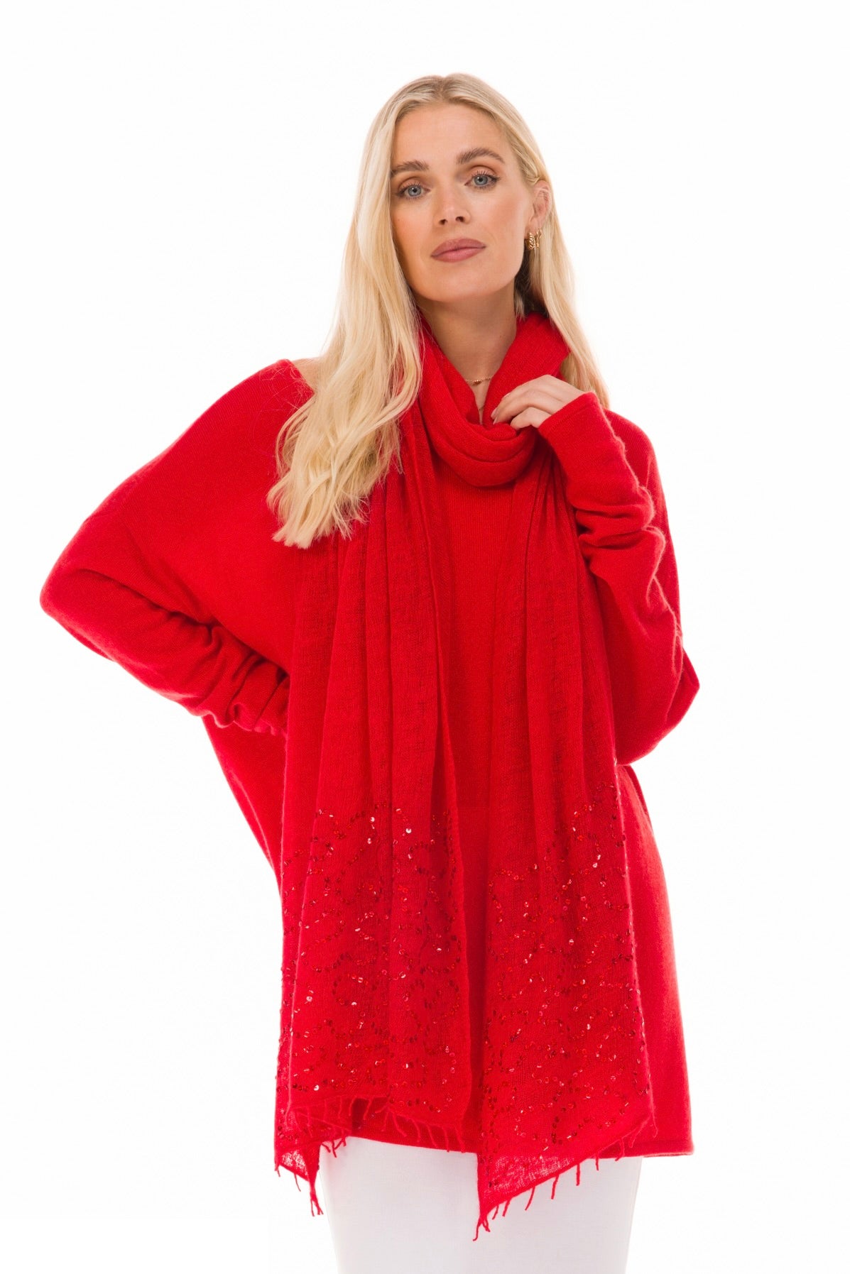 100% CASHMERE FELTED SCARF WITH SEQUINS RED