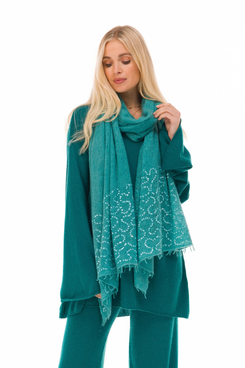100% CASHMERE FELTED SCARF WITH SEQUINS AQUA