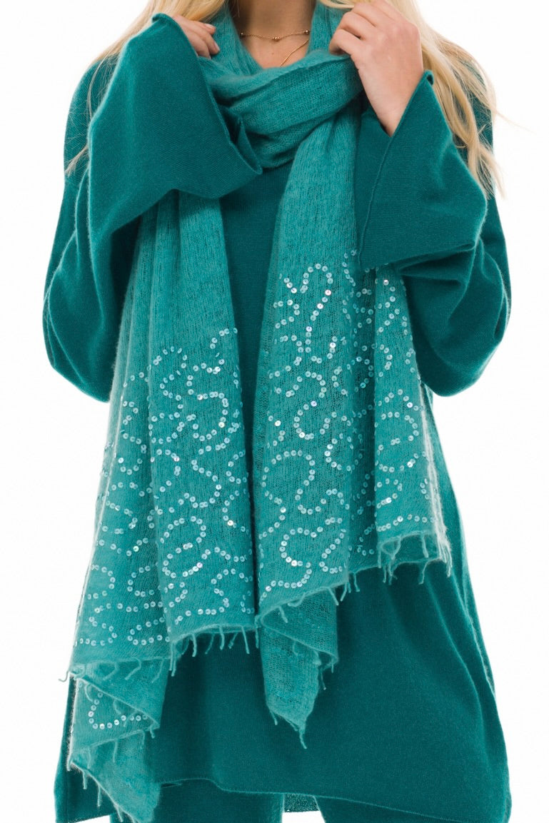 100% CASHMERE FELTED SCARF WITH SEQUINS AQUA
