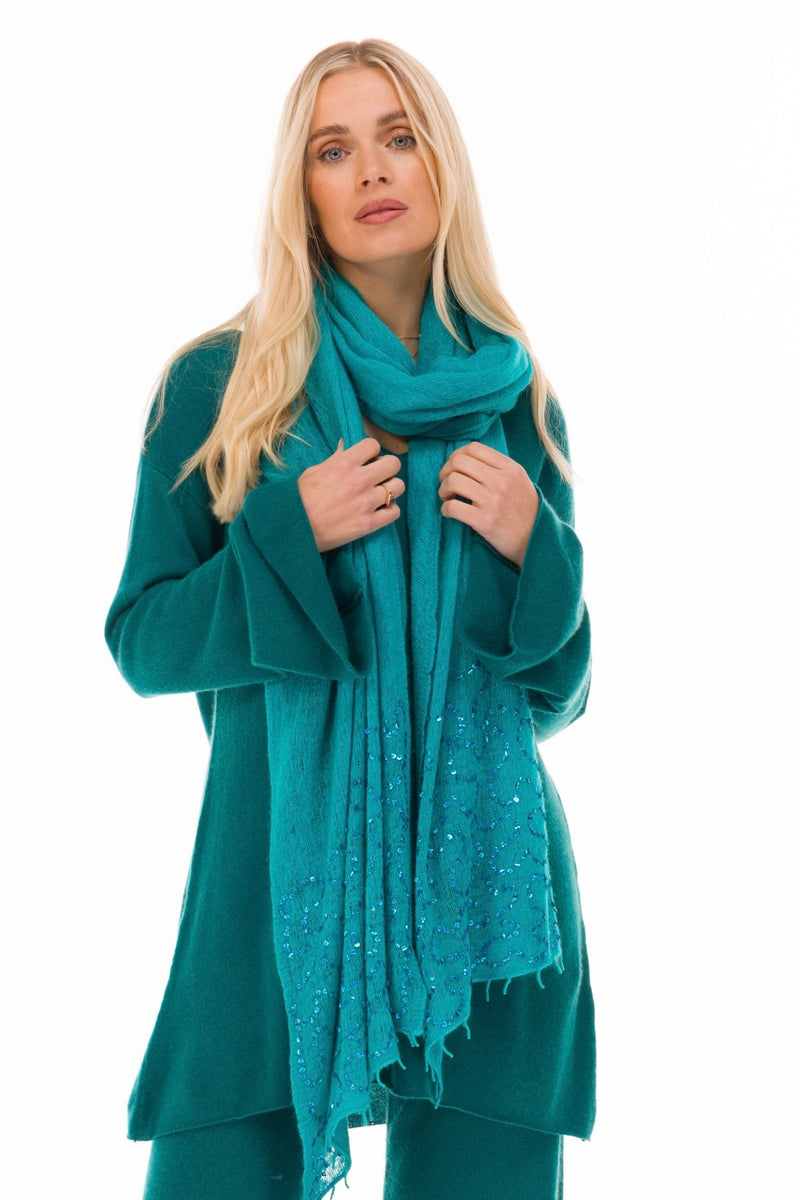 100% CASHMERE FELTED SCARF WITH SEQUINS AQUA