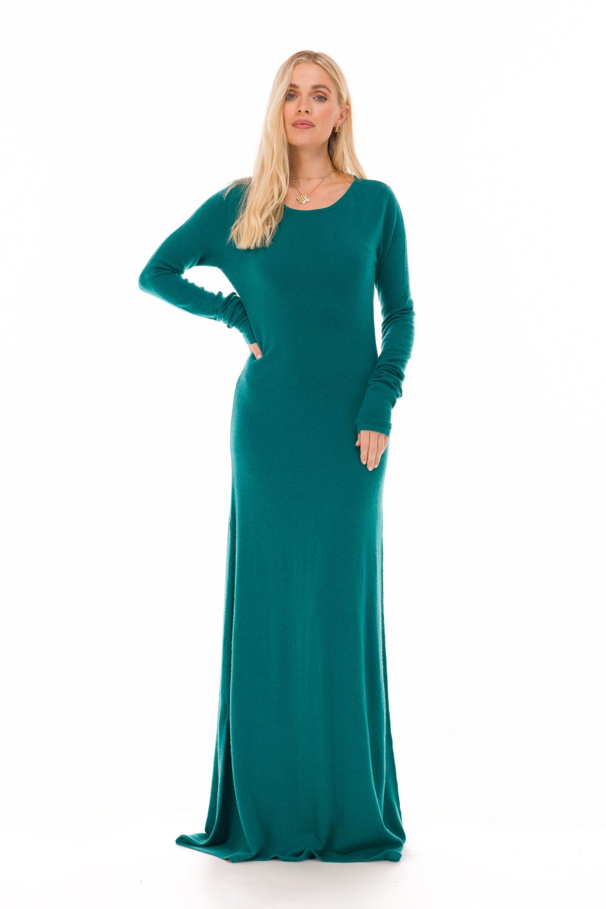 100% CASHMERE MAXI FITTED DRESS PEACOCK
