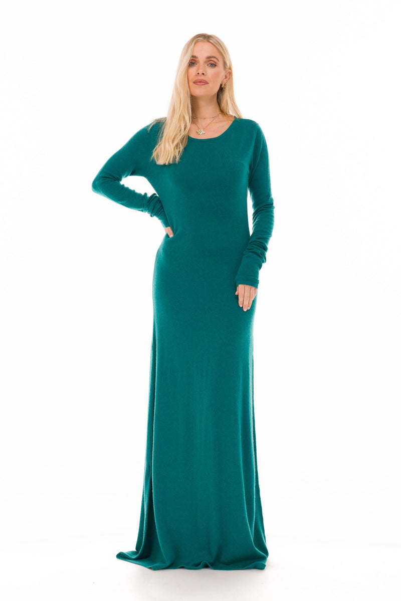100% CASHMERE MAXI FITTED DRESS PEACOCK
