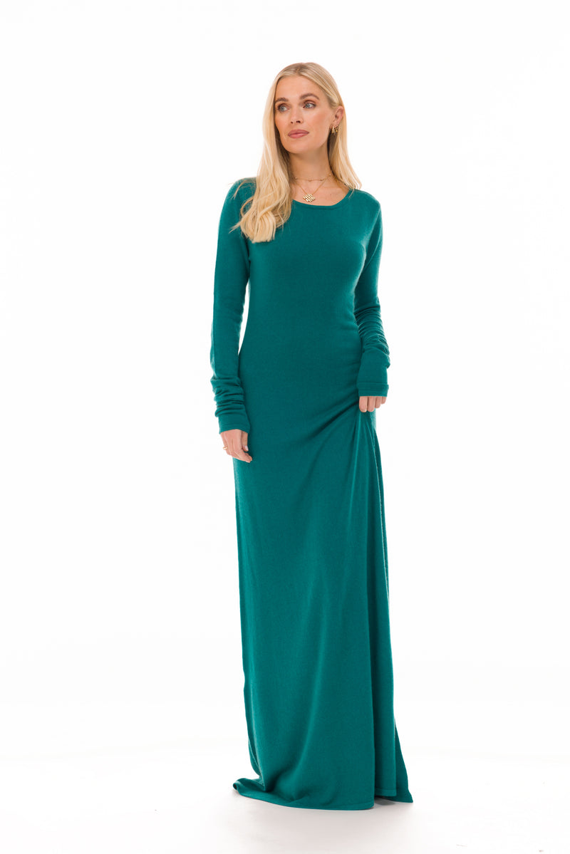 100% CASHMERE MAXI FITTED DRESS PEACOCK