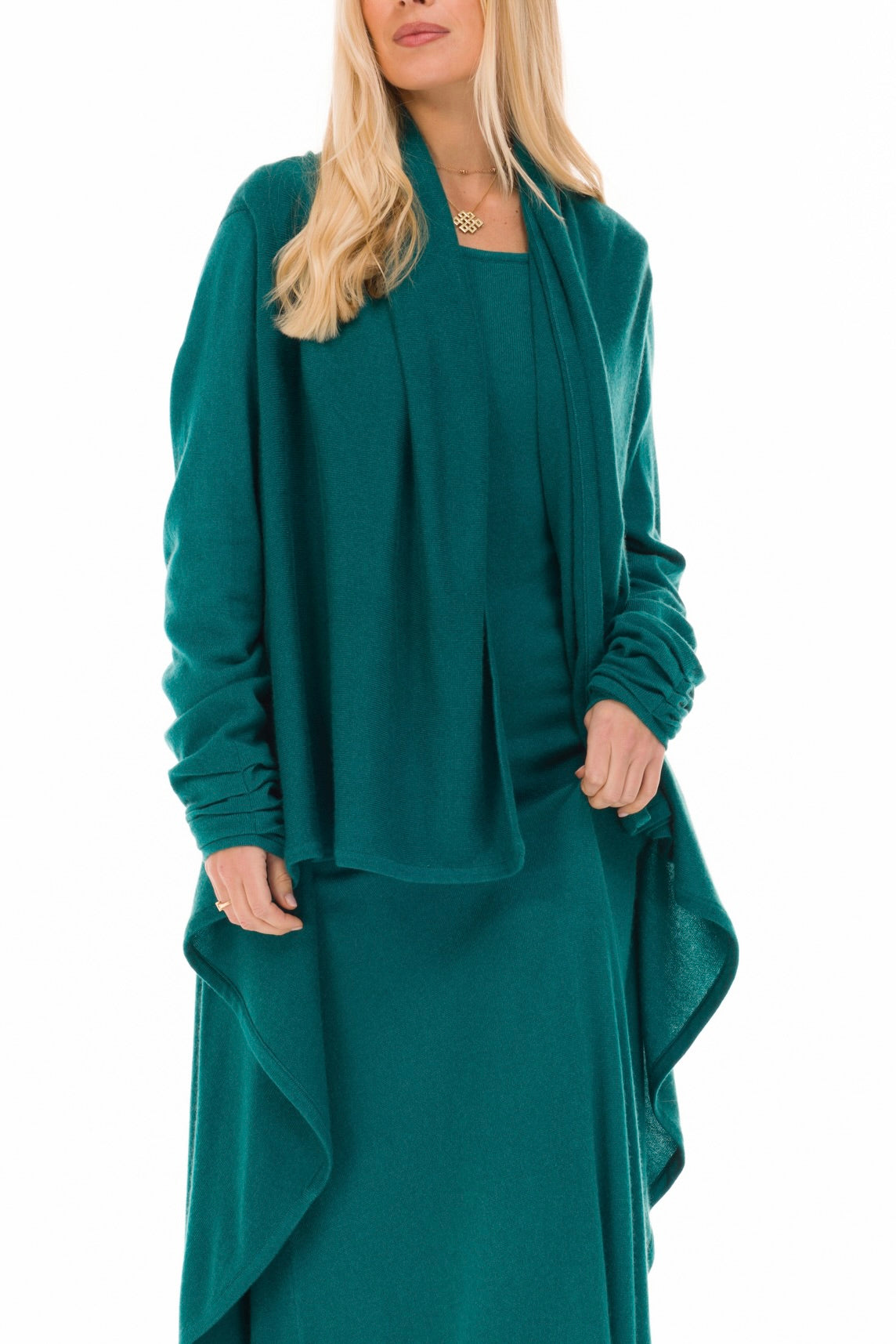 100% CASHMERE MAXI FITTED DRESS PEACOCK